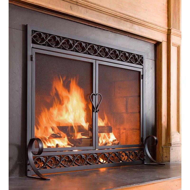 Plow & Hearth - Large Cast Iron Scrollwork Fireplace Fire Screen with Doors, 44"W x 33"H, 2 of 6