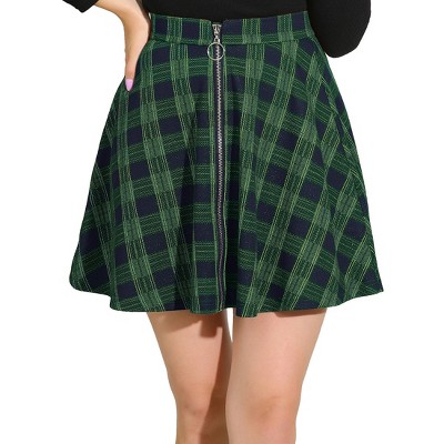 Allegra K Women's Plaid A-Line Zip Up High Waisted Skater Skirt Green Small