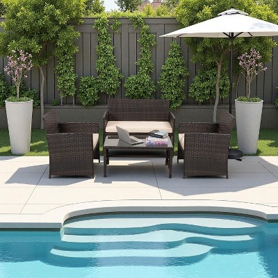 Nertpow Deluxe 4 Piece Patio Furniture Set, Weatherproof Patio Conversation Set with 3 Sofa and 1 Table , Brown Rattan and Beige Cushion