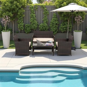 Nertpow Deluxe 4 Piece Patio Furniture Set, Weatherproof Patio Conversation Set with 3 Sofa and 1 Table , Brown Rattan and Beige Cushion - 1 of 4