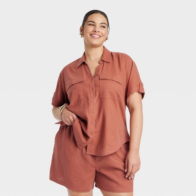 Image of Women's Short Sleeve Linen Front Button-Down Shirt - Ava & Viv™ Brown 2X