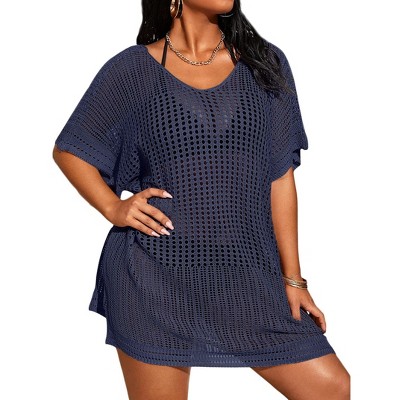 Plus Size Crochet Bikini Cover Ups Lightweight Swimsuits Cover Ups Deep V Neck Hollow Out Beach Cover Ups Swimwear Beachwear