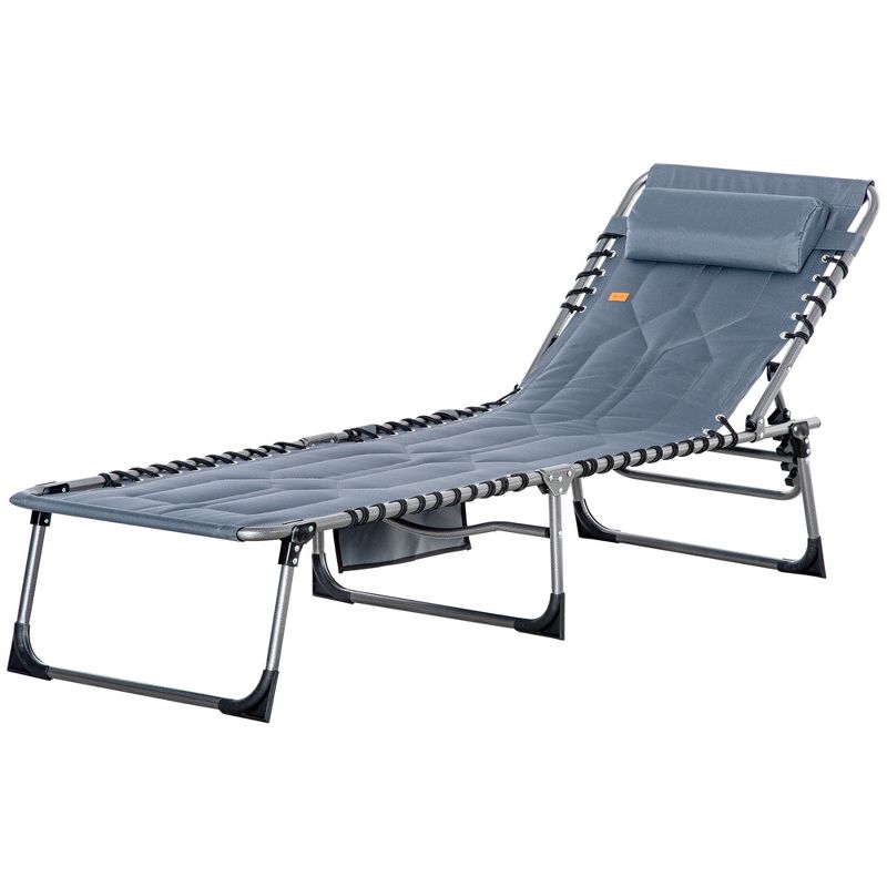 Outsunny Folding Chaise Lounge Chair, Outdoor Padded Reclining Chair with 5-position Adjustable Backrest, Pillow and Pocket for Patio, Deck, Beach, Lawn and Sunbathing, 4 of 7