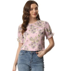 INSPIRE CHIC Women's Chiffon Short Sleeve Ruffled Trim Floral Blouse - 1 of 4