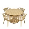 Round Planked Wood Outdoor Dining Set 4 Slatted Back Cushioned Chair Patio Table & Seat Group - 3 of 4