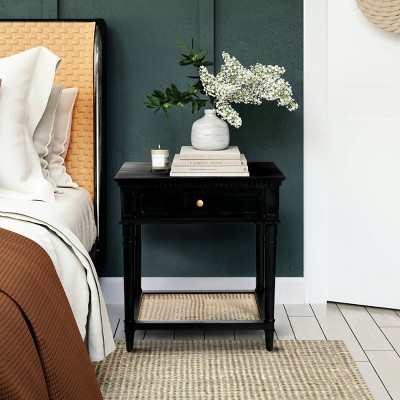 Black Wood End Table with Cane Shelf and Storage