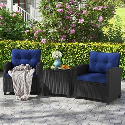 Costway 3 PCS Patio Furniture Set with Tempered Glass Coffee Table Washable Cushions Beige/Black/Off White/Red/Navy/Turquoise