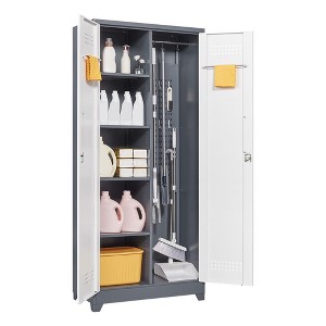 Metal Storage Cabinet with Lock Doors, 65"/72.8" Cleaning Tool Cabinet, Tall Broom Tool Organizer with Hanging Rod for Home Office Garage Utility Room - 1 of 4