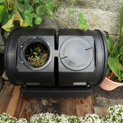 Large Black Polyethylene Dual Tumbler Compost Bin with Latching Lid