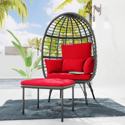 Bigget Outdoor Steel Rattan Patio Egg Lounge Chair, Red