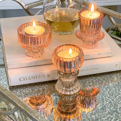 Blue Ribbed Glass Dual-Sided Candlestick and Tealight Holders Set