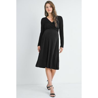 Hello Miz Maternity and Nursing Long Sleeve V Neck Surplice Dress - Black