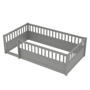 Vynxaria Twin Floor Bed Frame with Fence Wooden Kids Bed for Bedroom Playroom gray Solid Wood Safety Design - 1 of 4
