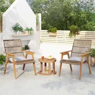 Chic Crate-3-Piece Acacia Wood Wicker Lounge Set - Teak Finish Outdoor Patio Furniture with Cushioned Chairs & 18" Solid Side Table (Sage Grey)
