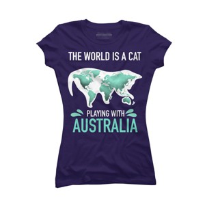 Junior's Design By Humans The World Is A Cat Playing With Australia Map By ZeusSE T-Shirt - 1 of 3