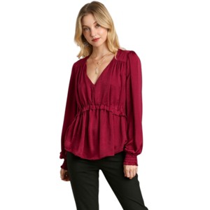 Slickblue Satin Baby Doll Top for Women, V-Neck with Ruffle Detail, Long Sleeve Blouse, Black/Wine/Sapphire, Size S-L - 1 of 4