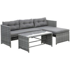 Outsunny 3 Piece Patio Furniture Set, Rattan Outdoor Sofa Set with Chaise Lounge & Loveseat, Soft Cushions, Table, L-Shaped Sectional Couch - 1 of 4