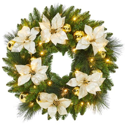 24-Inch Pre-Lit Christmas Wreath with Warm White LED Lights, Frosted Pine Cones, Indoor Outdoor Holiday Door Decor