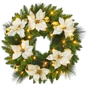24-Inch Pre-Lit Christmas Wreath with Warm White LED Lights, Frosted Pine Cones, Indoor Outdoor Holiday Door Decor - 1 of 4