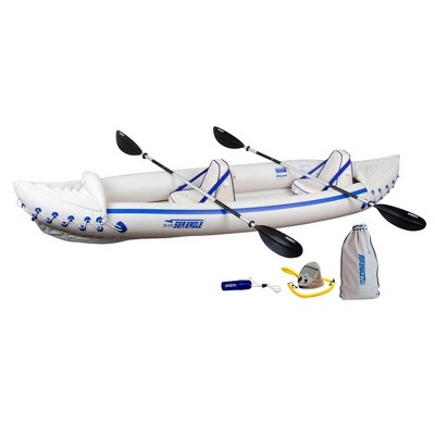 Sea Eagle 370 Pro 3 Person Inflatable Outdoor Water Sport Kayak Canoe Boat with Paddles, Adjustable Seats, Foot Pump, and Carrying Bag