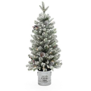 LuxenHome 3Ft Pre-Lit Artificial Flocked Pine Christmas Tree, Lighted Small Porch Tree with Pinecones, Berries, and Metal Pot Off-White - 1 of 4