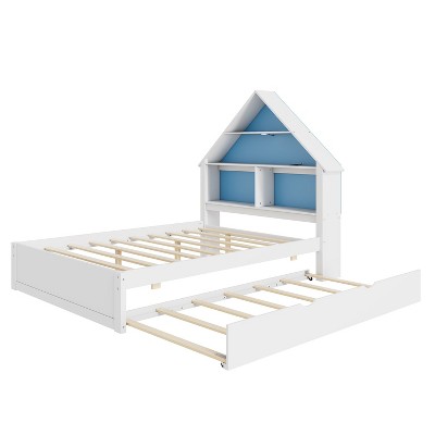 NicBex Full/Twin Size House-Shaped Bed with Bookcase Headboard,LED Lights and Twin Size Trundle for Adults/Boys/Girls