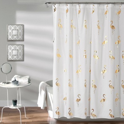 Flamingo Shower Curtain Gold - Lush Décor: Polyester Fabric, Buttonhole Top, Bathroom Accessory