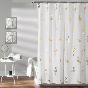 Flamingo Shower Curtain Gold - Lush Décor: Polyester Fabric, Buttonhole Top, Bathroom Accessory - 1 of 4