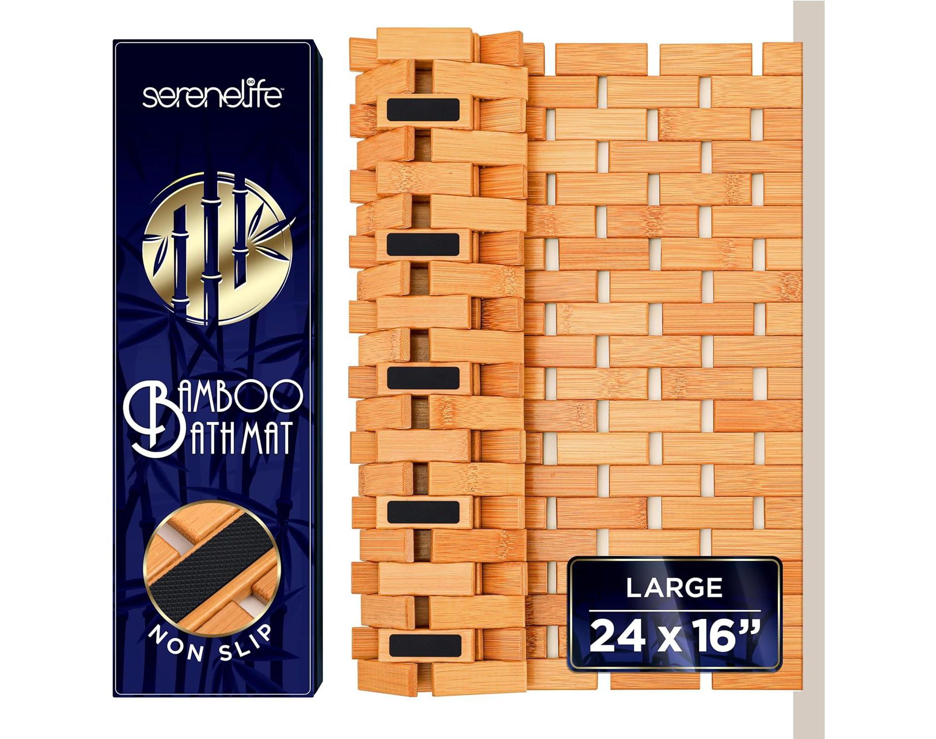 SereneLife Bamboo Floor Mat - Waterproof Shower & Bath Mat with Non-Slip Silicone Underside, Slatted Design, 23.62" x 15.74"