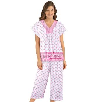 Collections Etc Border Floral Print Capri Pajama Set with Short Sleeve V Neck Shirt, Comfy Lounge and Sleeping Apparel