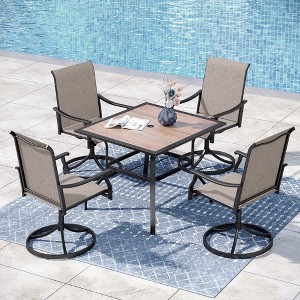 Captiva Designs 5pc Outdoor Dining Steel Table with Umbrella Hole & Brown Textilene Arm Chairs - 1 of 4