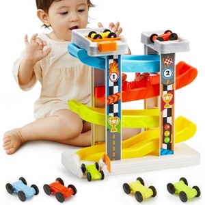 Joyfy Car Ramp Toy for 2 3 Year Old Boy Gifts, Toddler Race Track Toy for 18 Month Old with 4 Wooden Cars and Multiple Parking Spaces,Birthday Gifts - 1 of 4