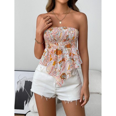 Women's Frill Shirred Ruffle Hem Strapless Tube Top Sleeveless Pleated Peplum Bandeau Blouse