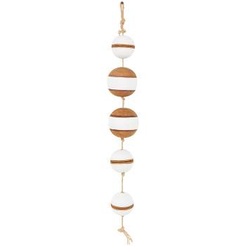 24"x4" Wood Buoy Two-Tone Striped Hanging Wall Decor with White Accents and Jute Rope Brown - Olivia & May