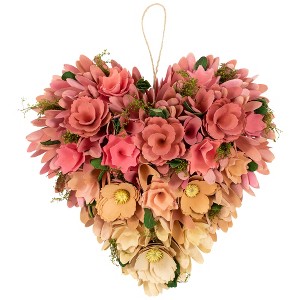 Northlight Mixed Floral and Foliage Artificial Valentine's Day Heart Wreath - 12.25" - Pink and Yellow - 1 of 4