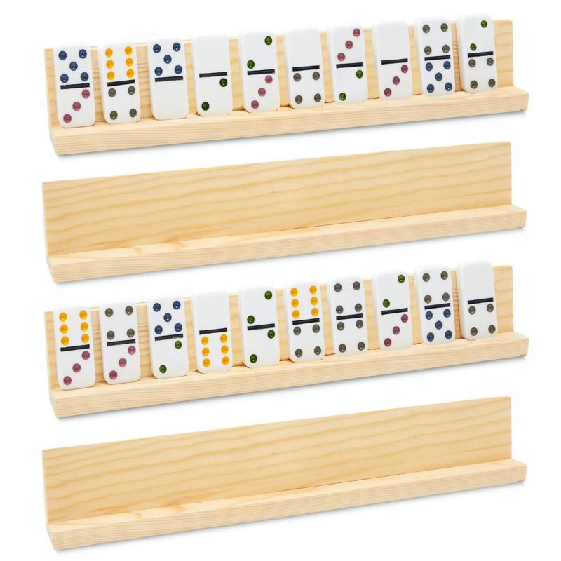 Juvale 4 Pack Domino Holder 13 inches, Wooden Dominoes Racks Trays Stand for Domino Table, Mexican Train, Chicken Foot, Mahjong, 1 of 9
