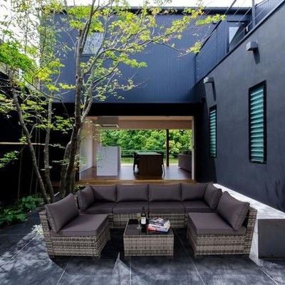FIONECA Deluxe 7-Piece Patio Furniture Set ¨C Gray Rattan Outdoor Sectional Sofa with Gray Cushions & Coffee Table
