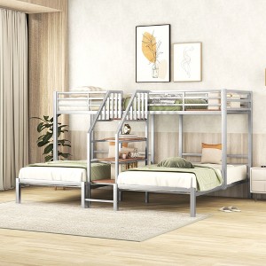 CAVINAS Twin Size Bunk Bed Triple Metal Bed Frame with Guardrail and Storage Stairs for Bedroom, Silver - 1 of 4