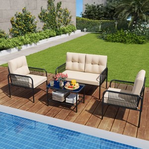 Costway 4 PCS Patio Furniture Set with Loveseat Tempered Glass Coffee Table & Soft Cushions - 1 of 4
