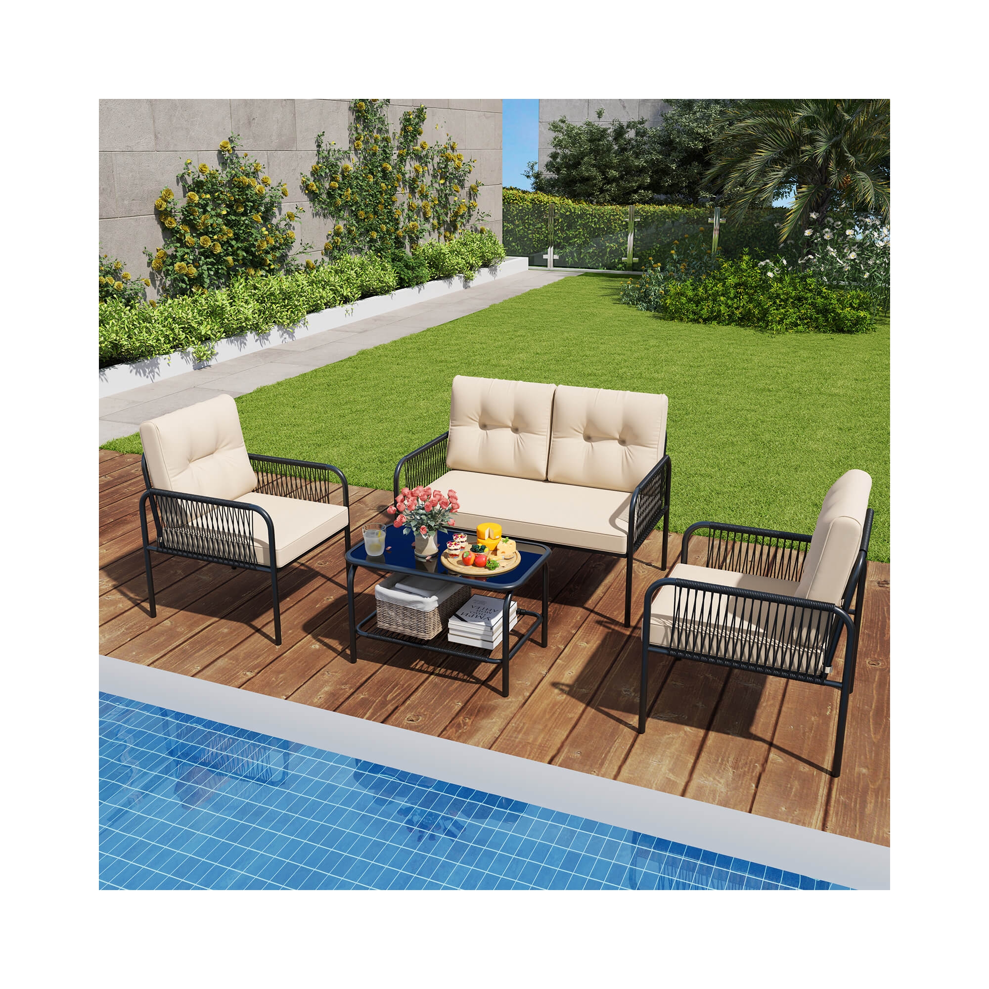 Costway 4 PCS Patio Furniture Set with Loveseat Tempered Glass Coffee Table & Soft Cushions