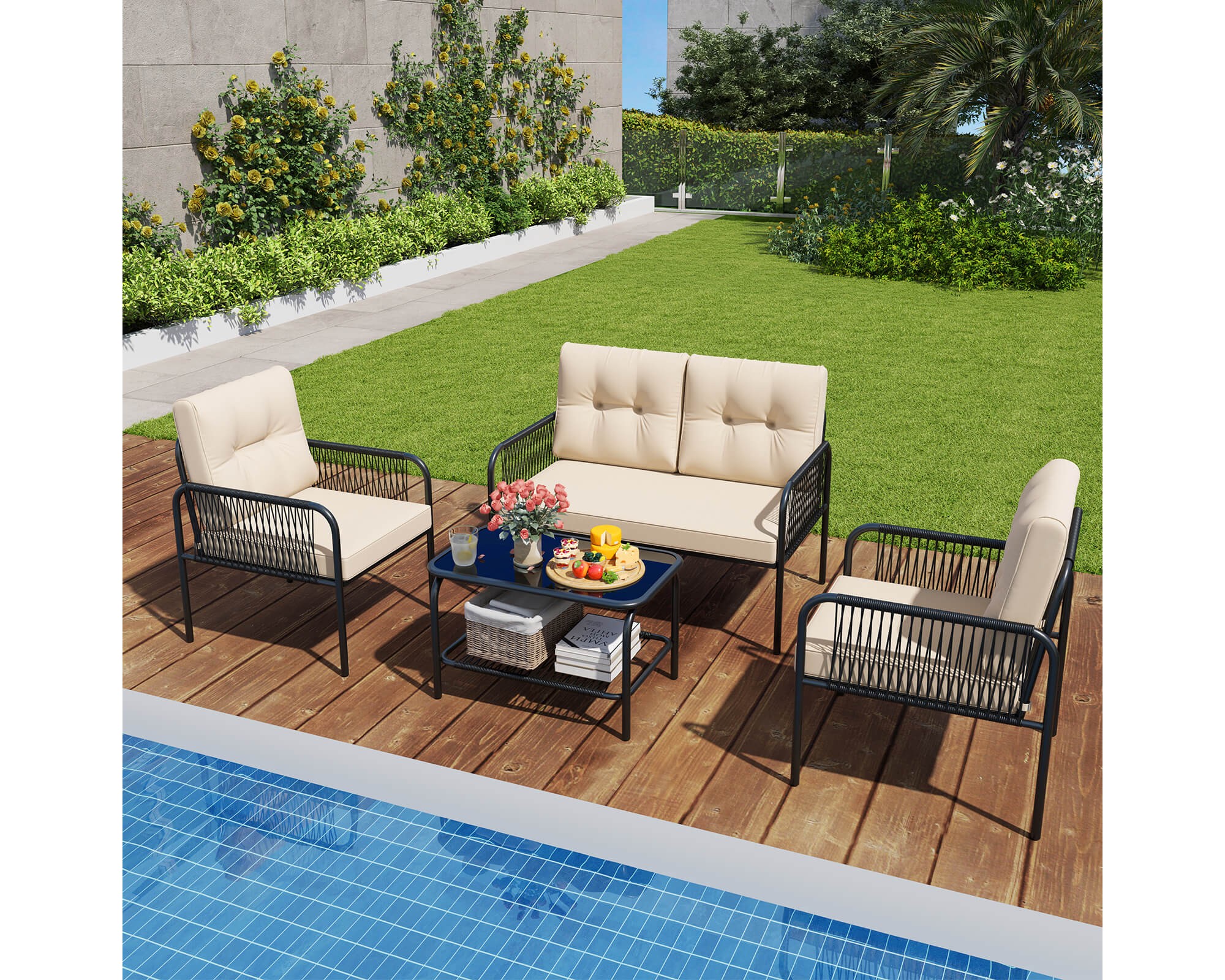 Costway 4 PCS Patio Furniture Set with Loveseat Tempered Glass Coffee Table