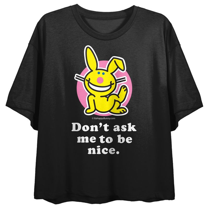 It's Happy Bunny Don't Ask Me To Be Nice Crew Neck Short Sleeve Black Women's Crop Top, 1 of 5