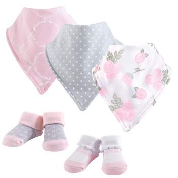 Hudson Baby Infant Girl Cotton Bib and Sock Set 5pk, Pink Rose, One Size