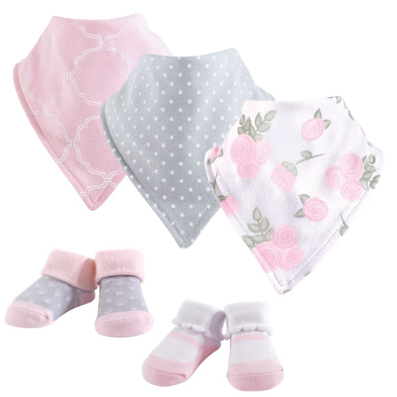 Hudson Baby Infant Girl Cotton Bib and Sock Set 5pk, Pink Rose, One Size, 1 of 3