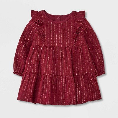 Image of Baby Girls' Lurex Long Sleeve Dress - Cat & Jack™ Burgundy Newborn