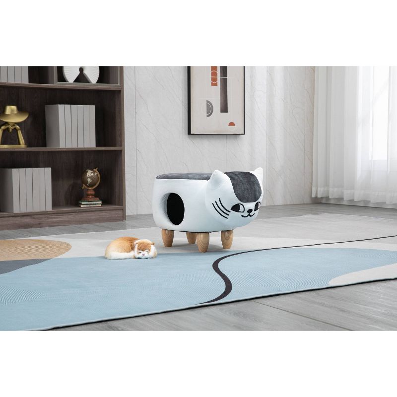 Whimsical White and Gray Cat Storage Ottoman with Wood Legs
