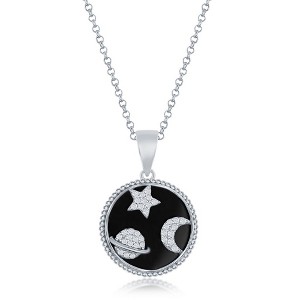 Bella Silver Sterling Silver CZ Star, Moon, Saturn Round Onyx 18" Pendant Necklace - Black - 1 of 2