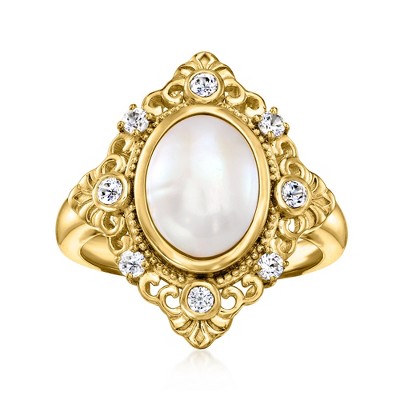 Ross-Simons 11x8mm Cultured Pearl and .40 ct. t.w. White Zircon Ring in 18kt Gold Over Sterling