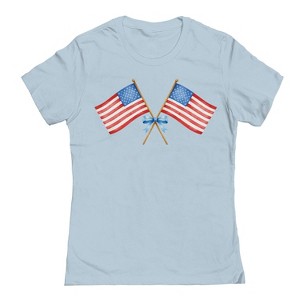 Rerun Island Women's Amercian Flag And Bow Americana 4Th Of July Short Sleeve Graphic Cotton T-Shirt - Light Blue L - 1 of 4