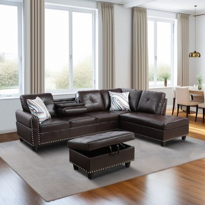 DOMETOUR 3-Piece Sofa Set L Shaped Sofa Brown Faux Leather Synthetic Leather (Sofa+Chaise+Ottoman)
